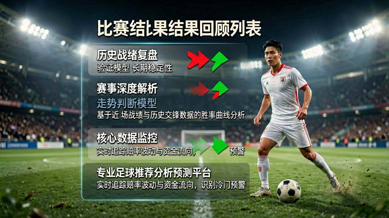 比赛结果回顾列表，红绿箭头标注胜负情况，背景为球场灯光